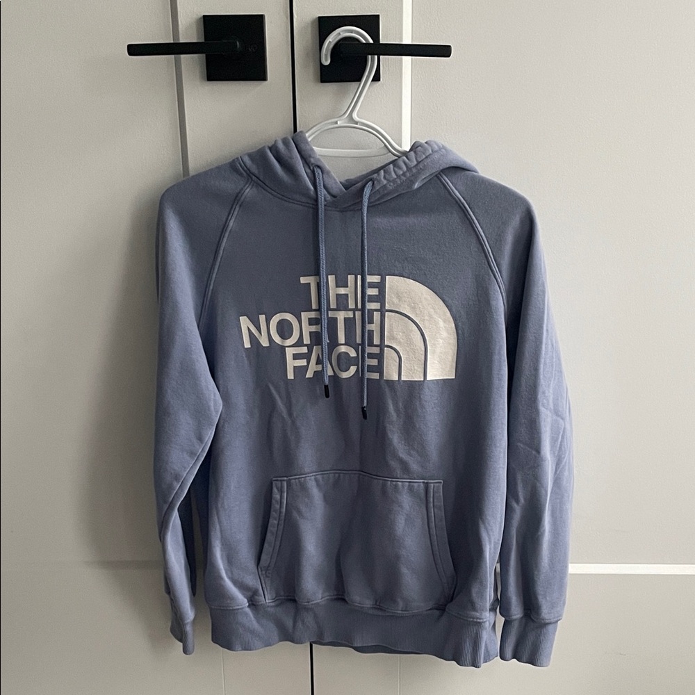 the north face blue logo drawstring hoodie – size small
